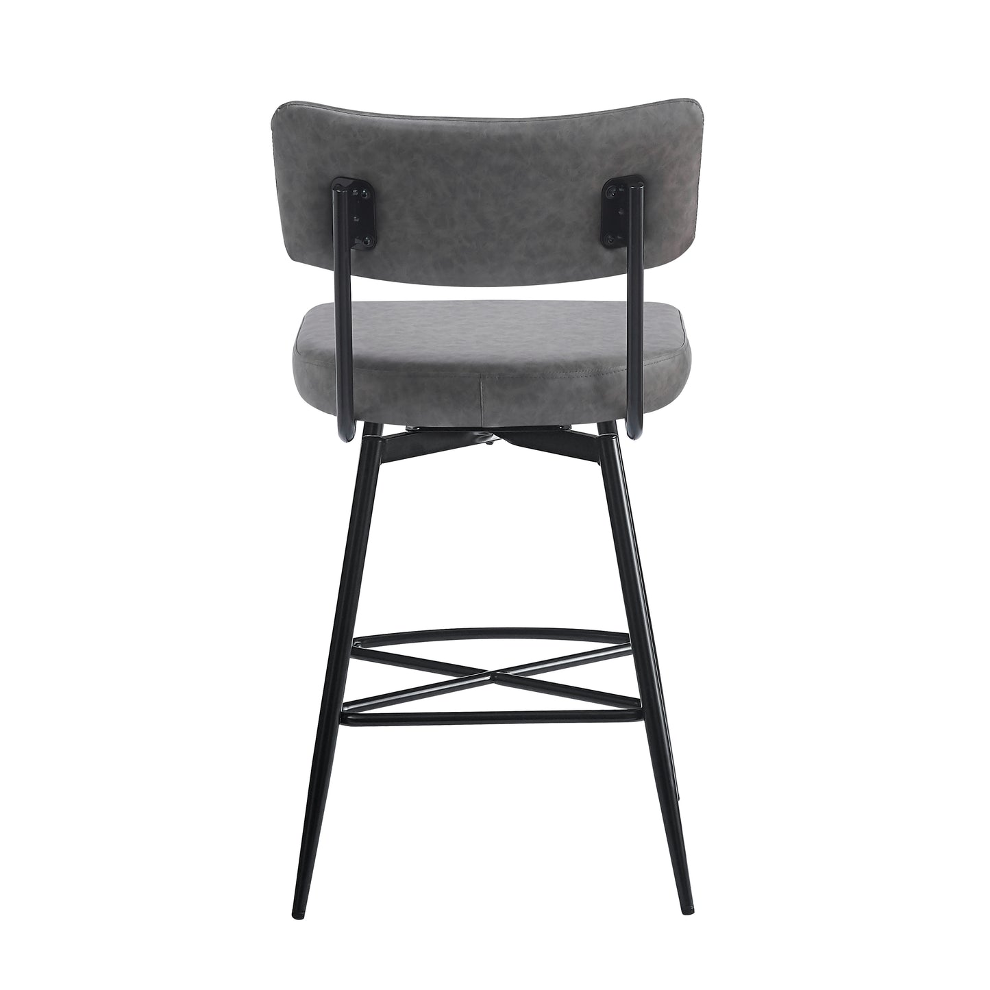 Gray faux leather bar stool with a curved back and black metal legs