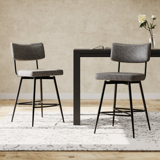 Gray faux leather swivel bar stool with black metal legs and a modern design