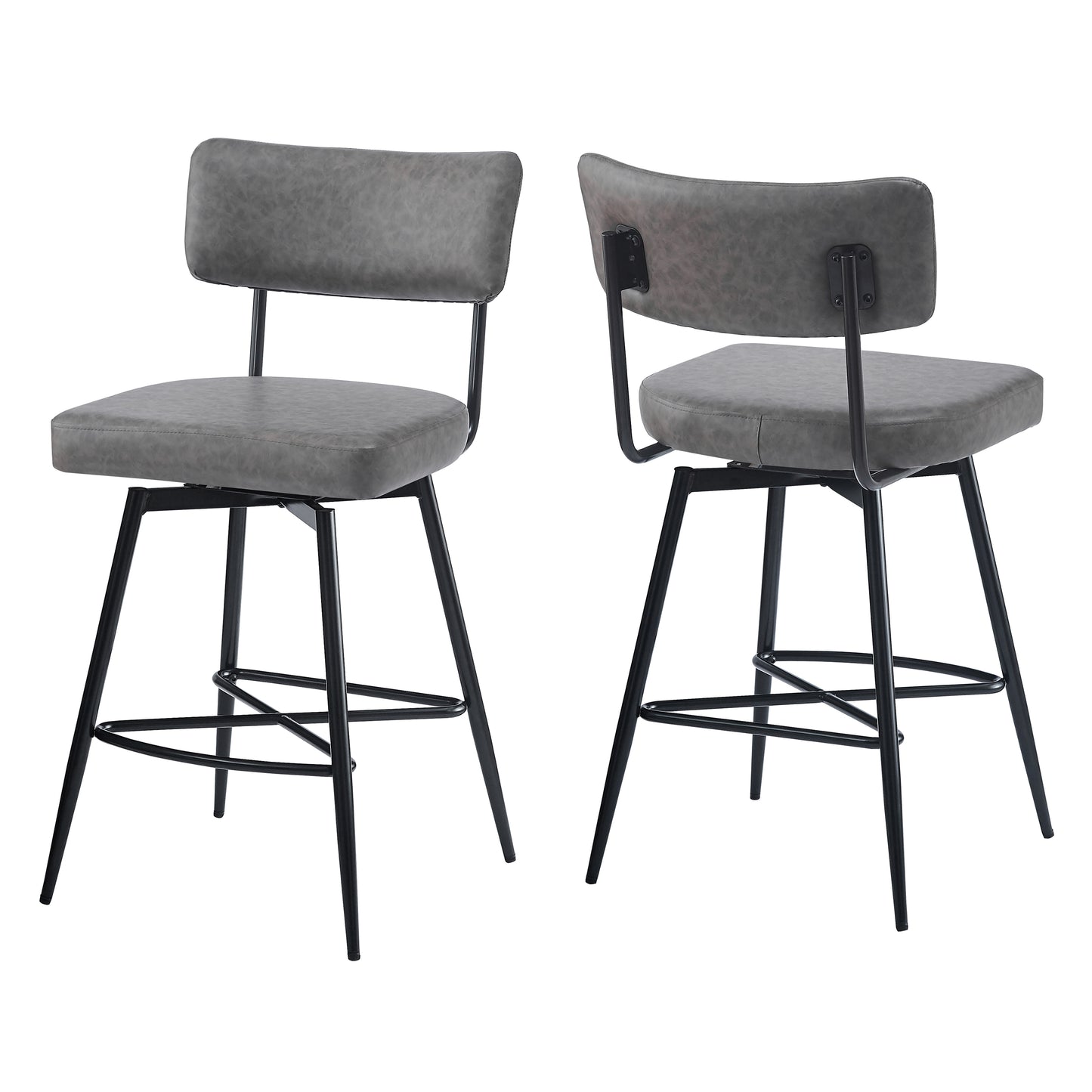 Gray faux leather bar stool with black metal legs and a swivel seat