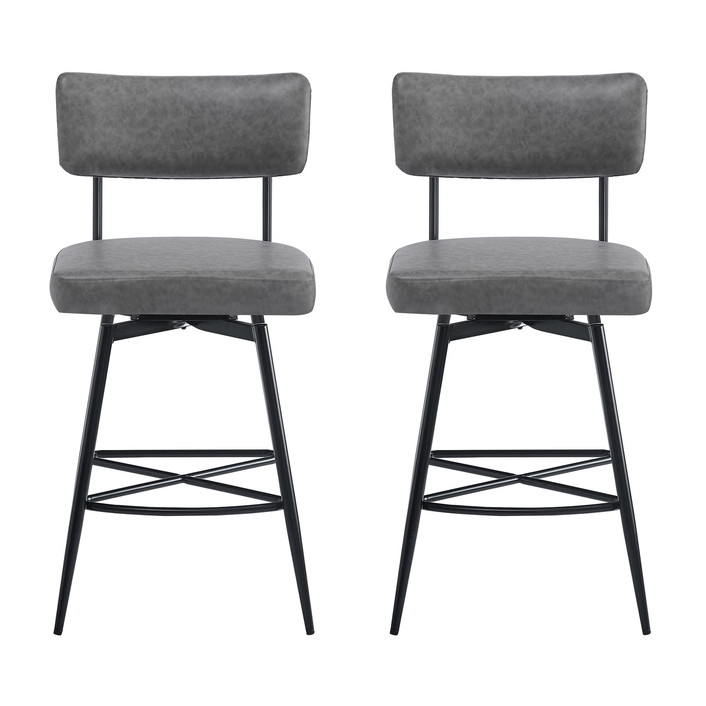 Two gray faux leather swivel bar stools with black metal legs and cross supports