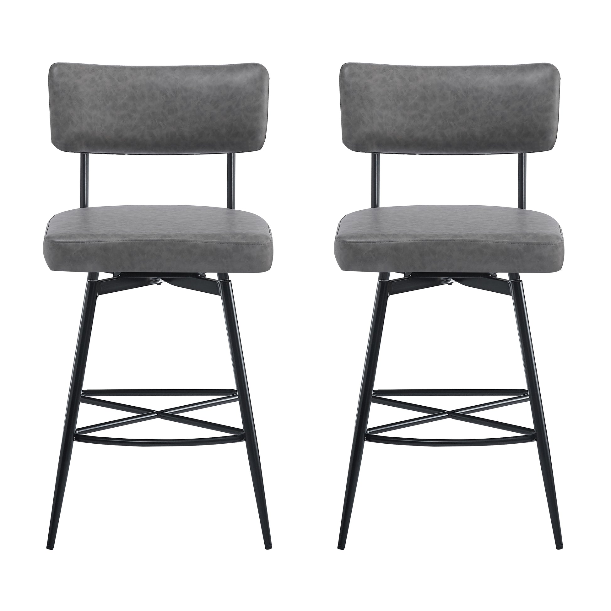 Two gray faux leather swivel bar stools with black metal legs and cross supports