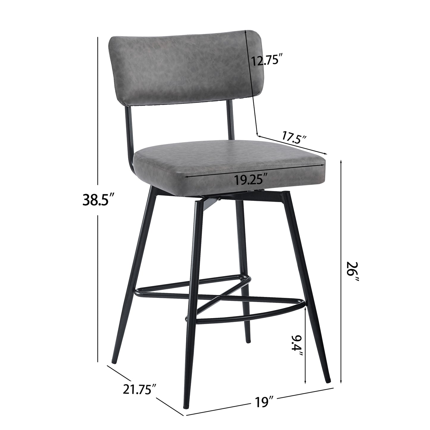 Gray faux leather swivel bar stool with black metal legs