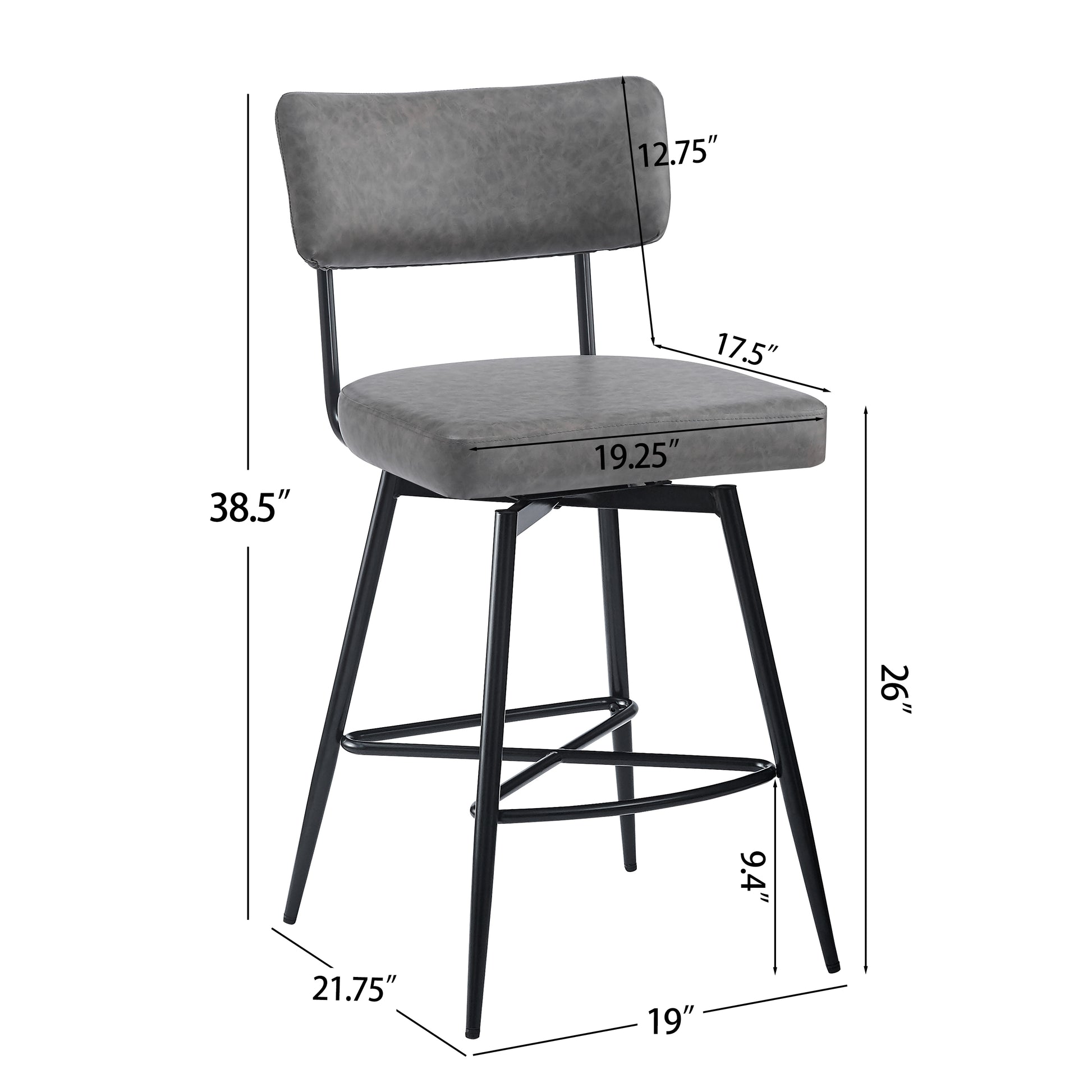 Gray faux leather swivel bar stool with black metal legs