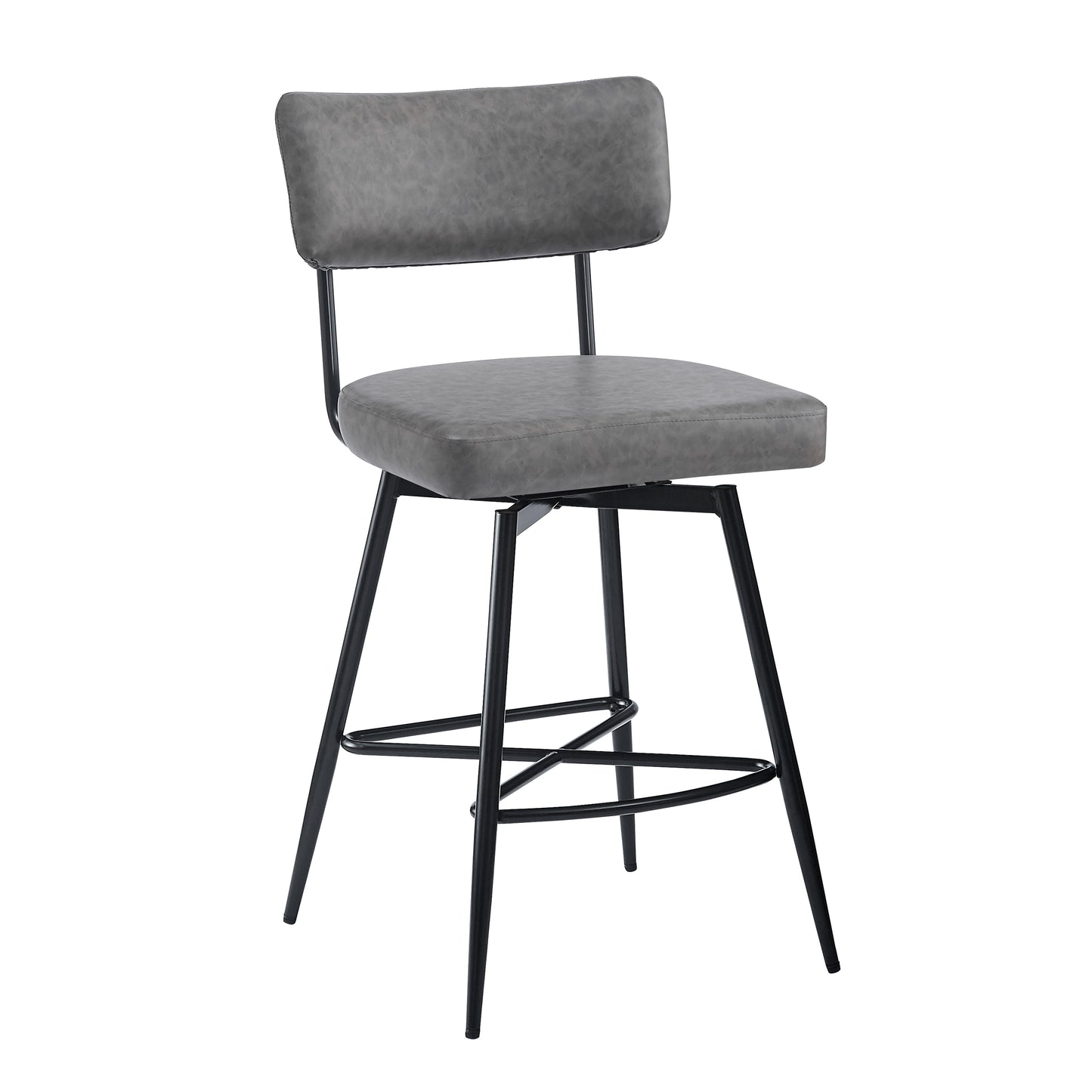 Grey upholstered swivel bar stool with black metal legs and footrest