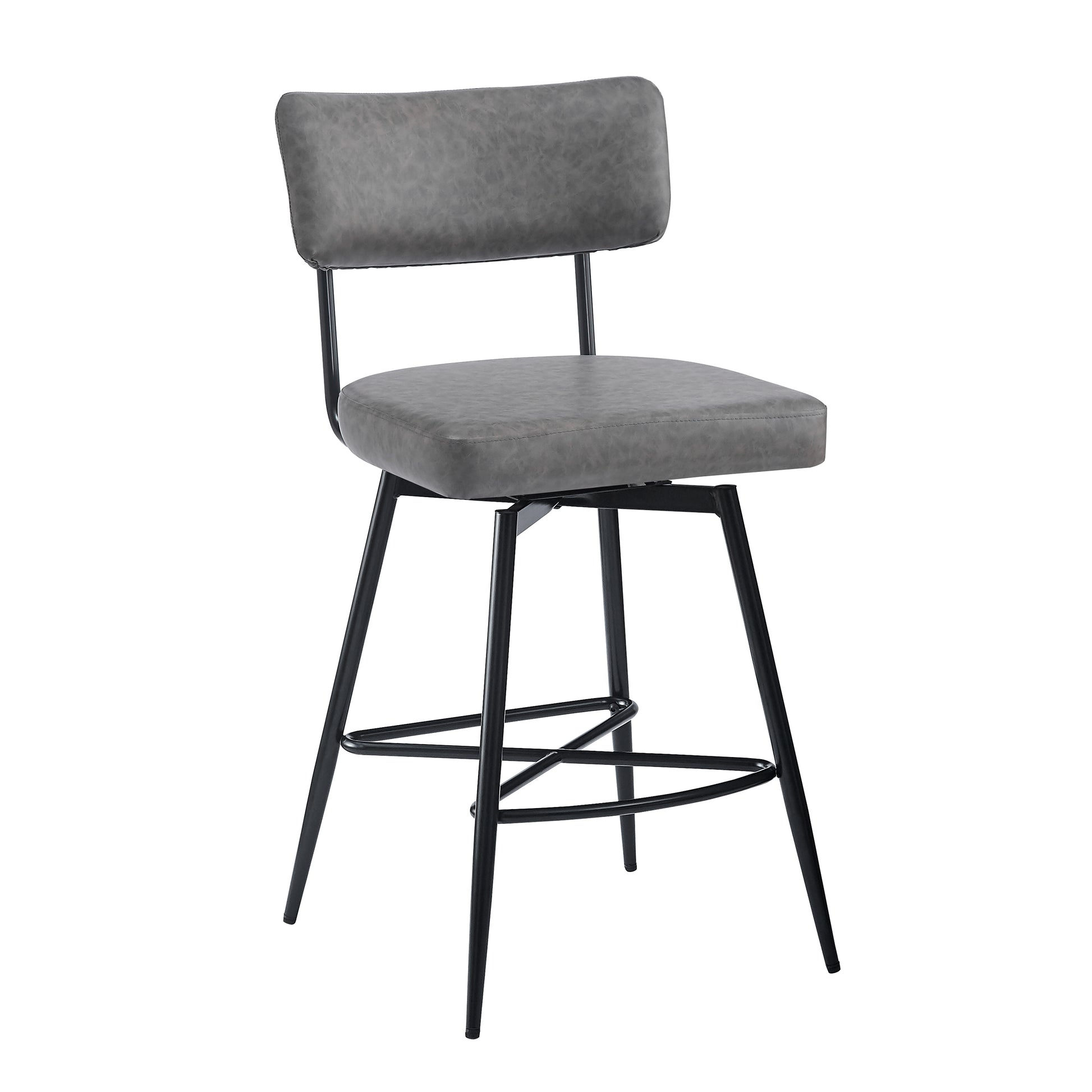Grey upholstered swivel bar stool with black metal legs and footrest
