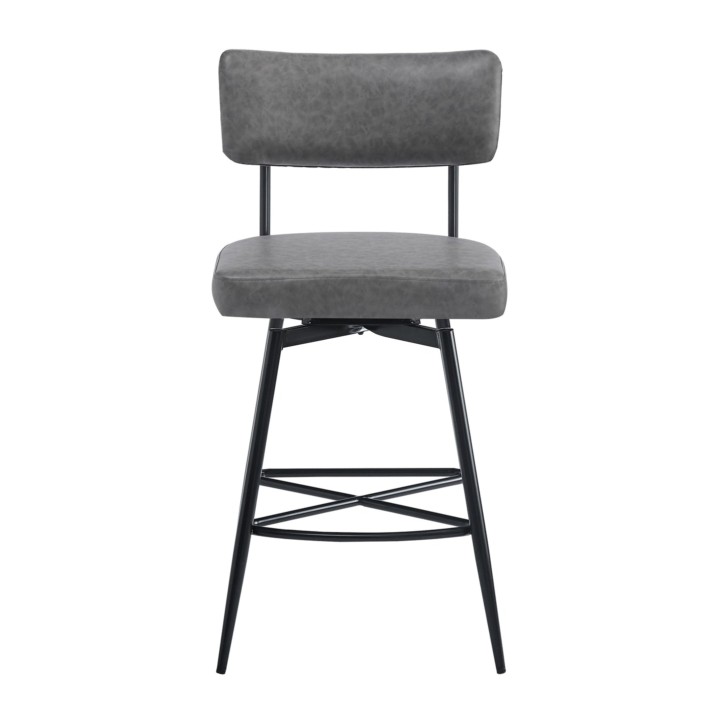 Grey faux leather swivel bar stool with black metal legs and a comfortable backrest