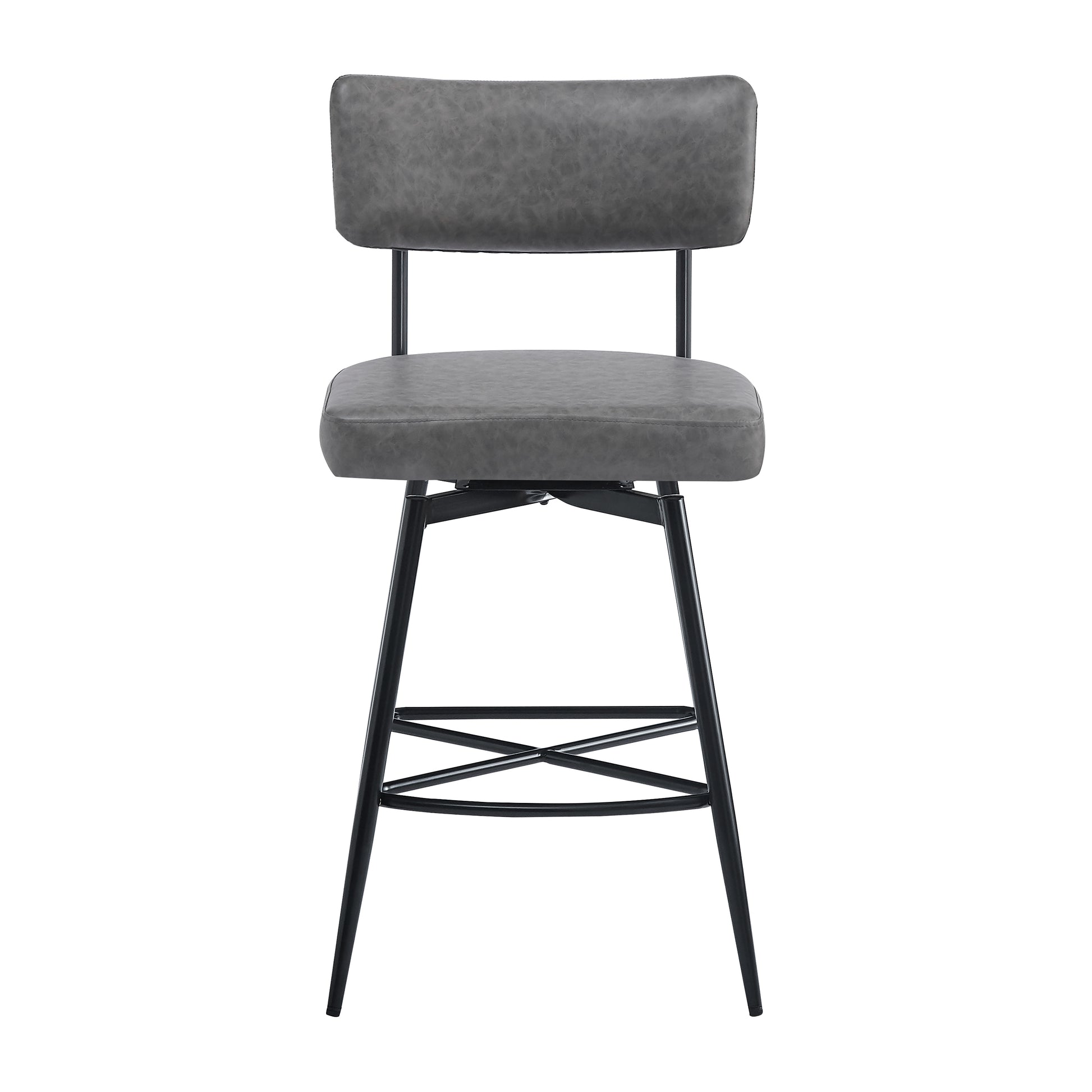 Grey faux leather swivel bar stool with black metal legs and a comfortable backrest