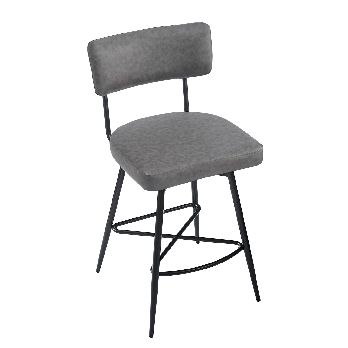 Gray faux leather bar stool with black metal legs and footrest