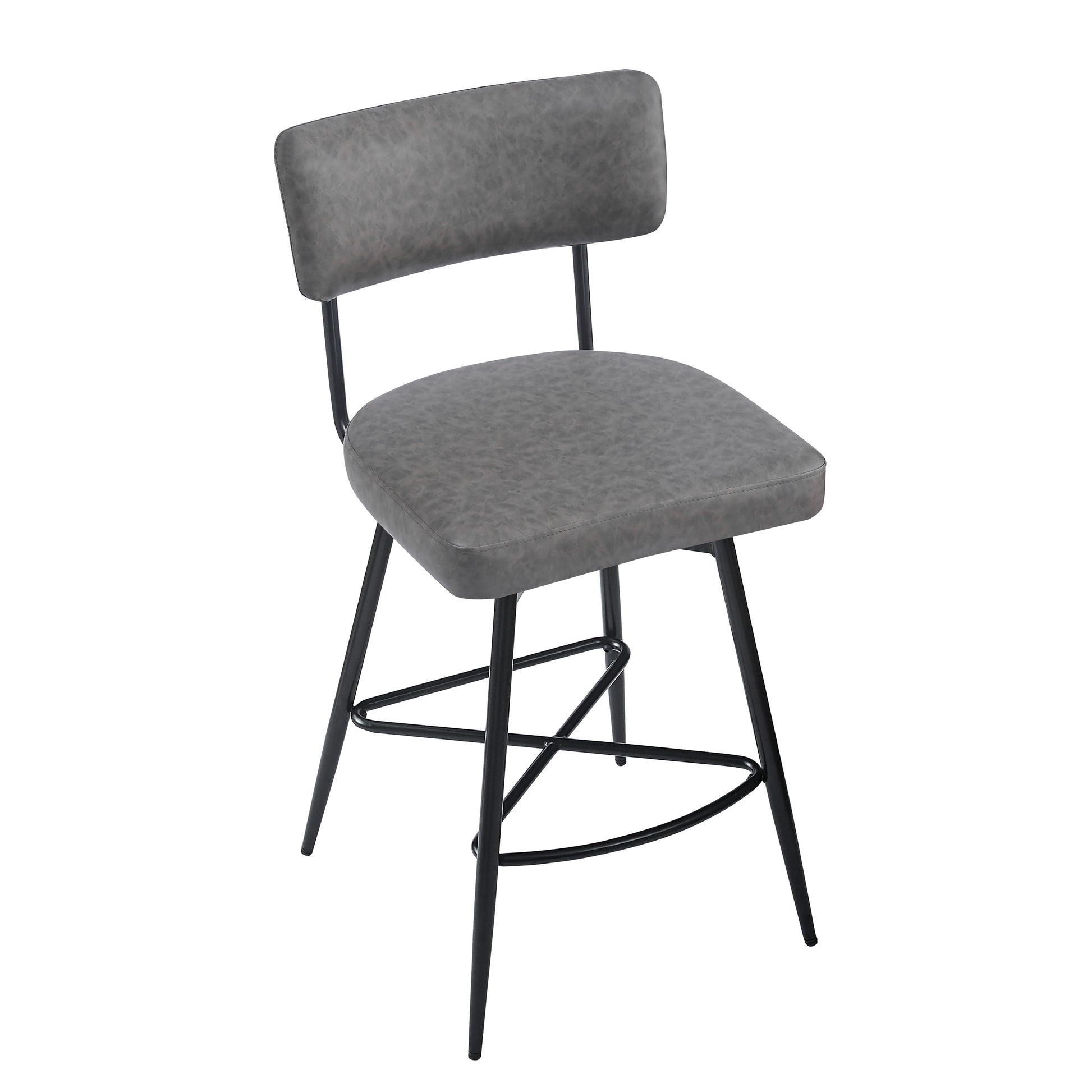 Gray faux leather bar stool with black metal legs and footrest