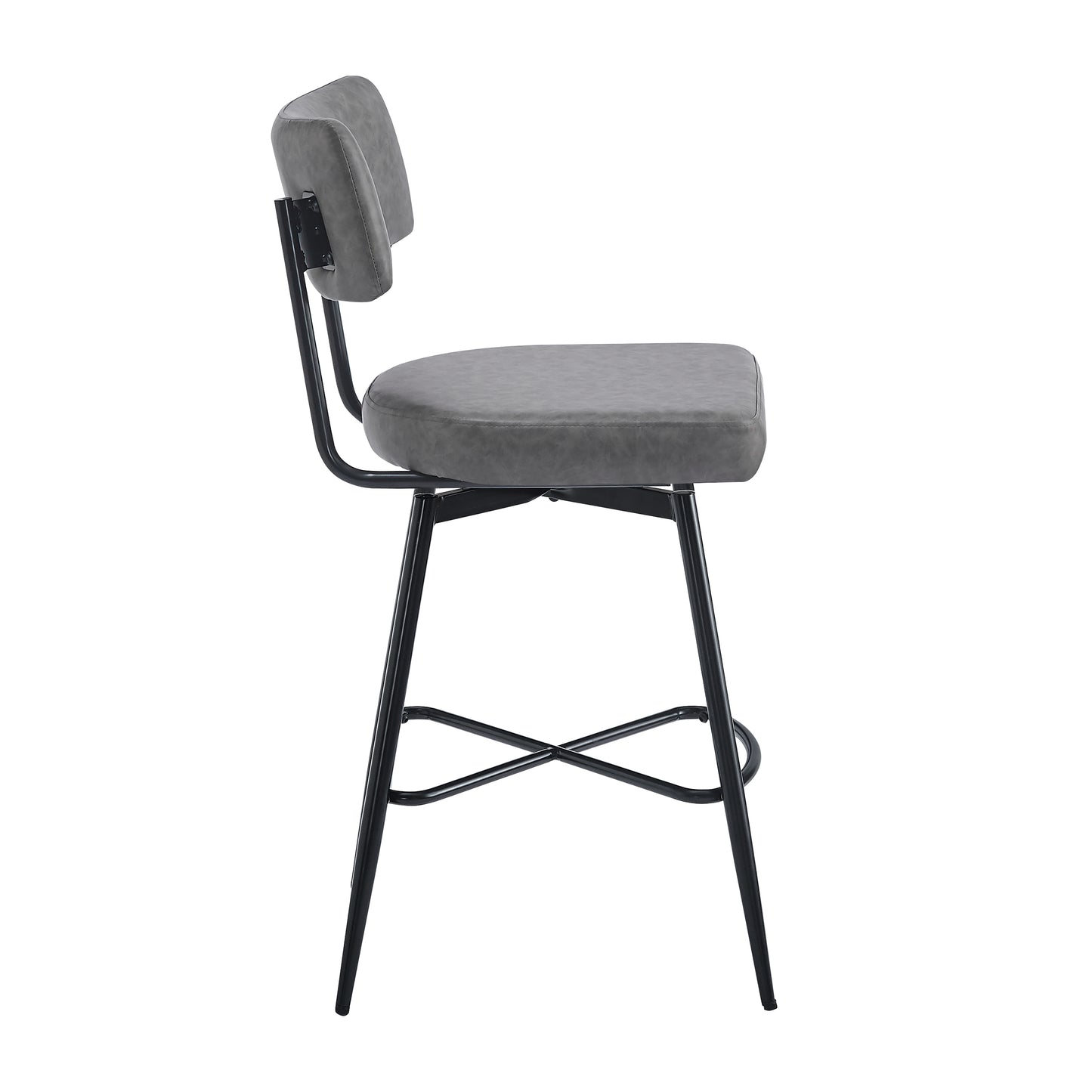 Gray faux leather bar stool with black metal frame and footrest