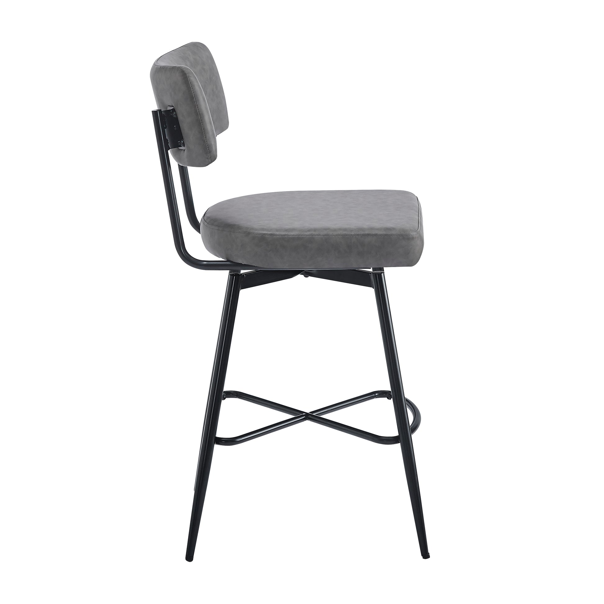 Gray faux leather bar stool with black metal frame and footrest