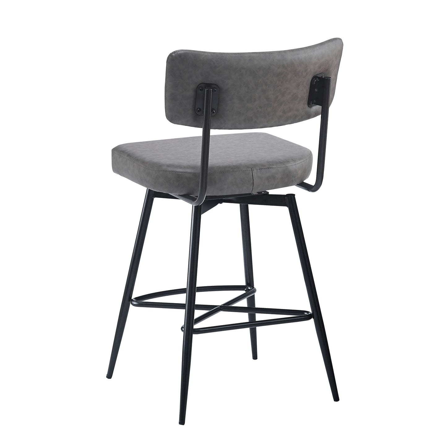 Grey faux leather bar stool with black metal legs and swivel base for kitchen island
