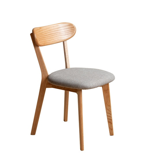 Light wood dining chair with grey upholstered seat and curved back