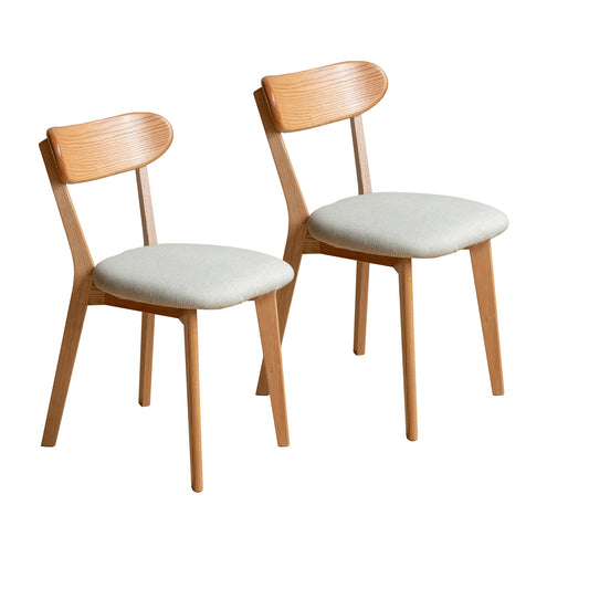 Natural wood dining chairs with light gray fabric seats set of two