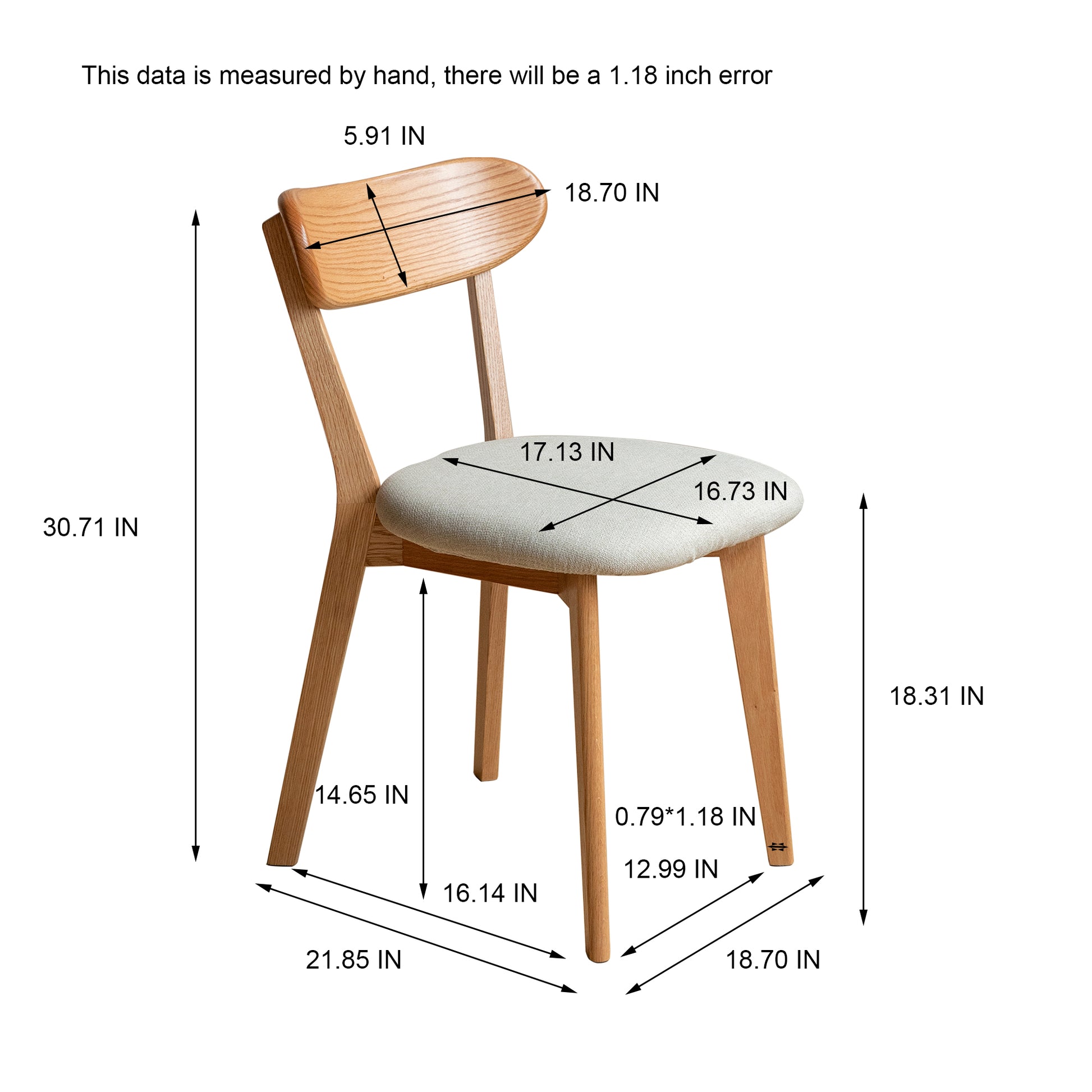Light oak dining chair with curved back and light gray upholstered seat