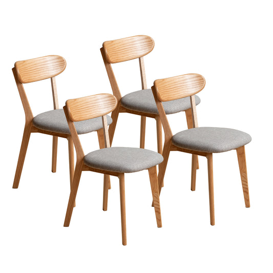 Four natural wood dining chairs with grey fabric seats
