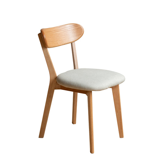 Light wood modern dining chair with a pale grey upholstered seat