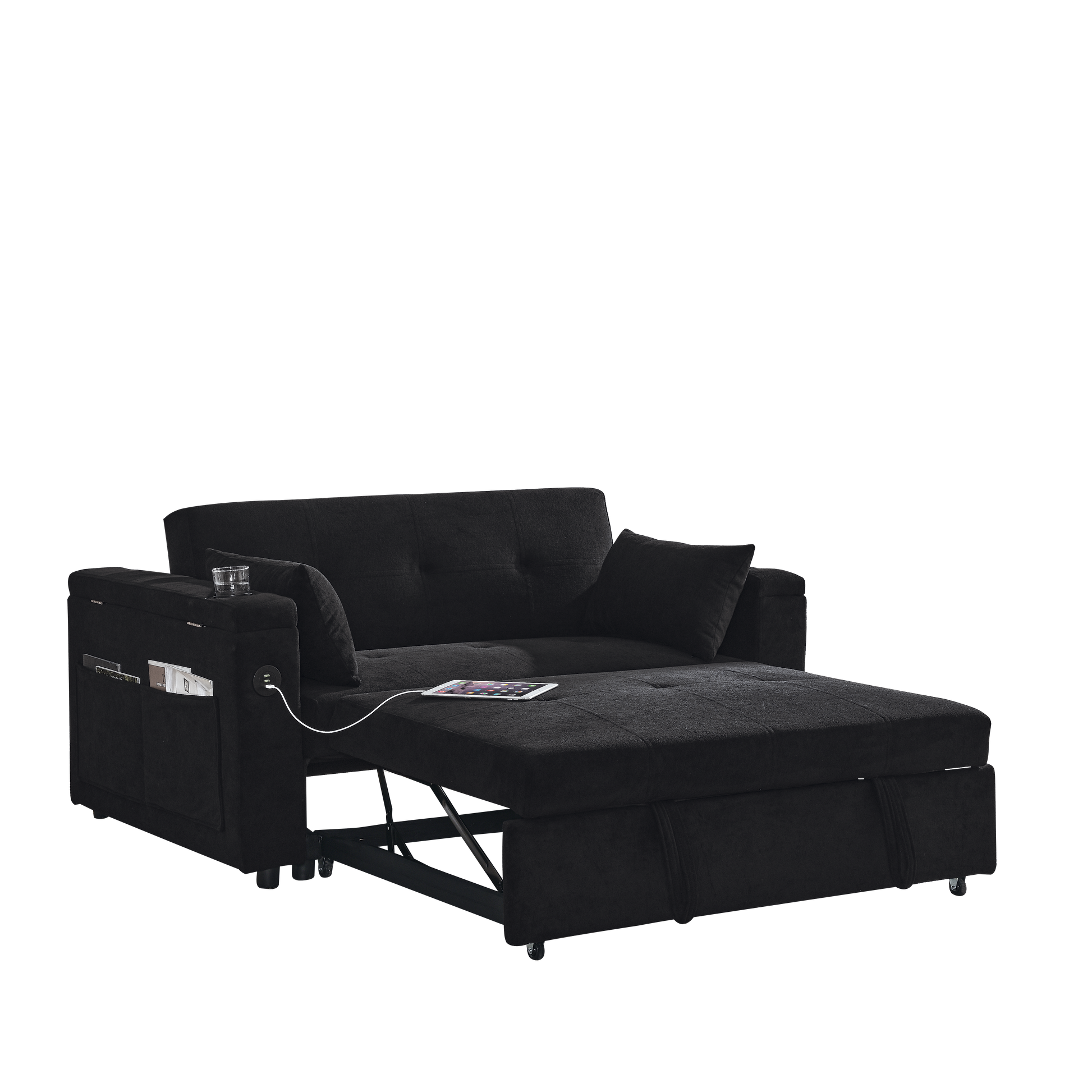 Black convertible sofa with storage armrest and USB ports ideal for small apartments