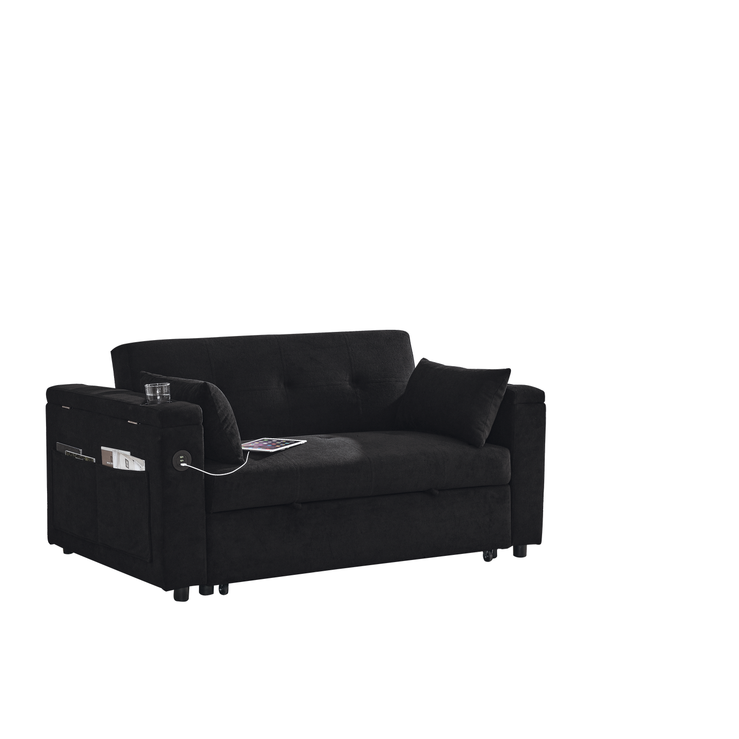 Black sofa bed with builtin USB charging port and storage pockets