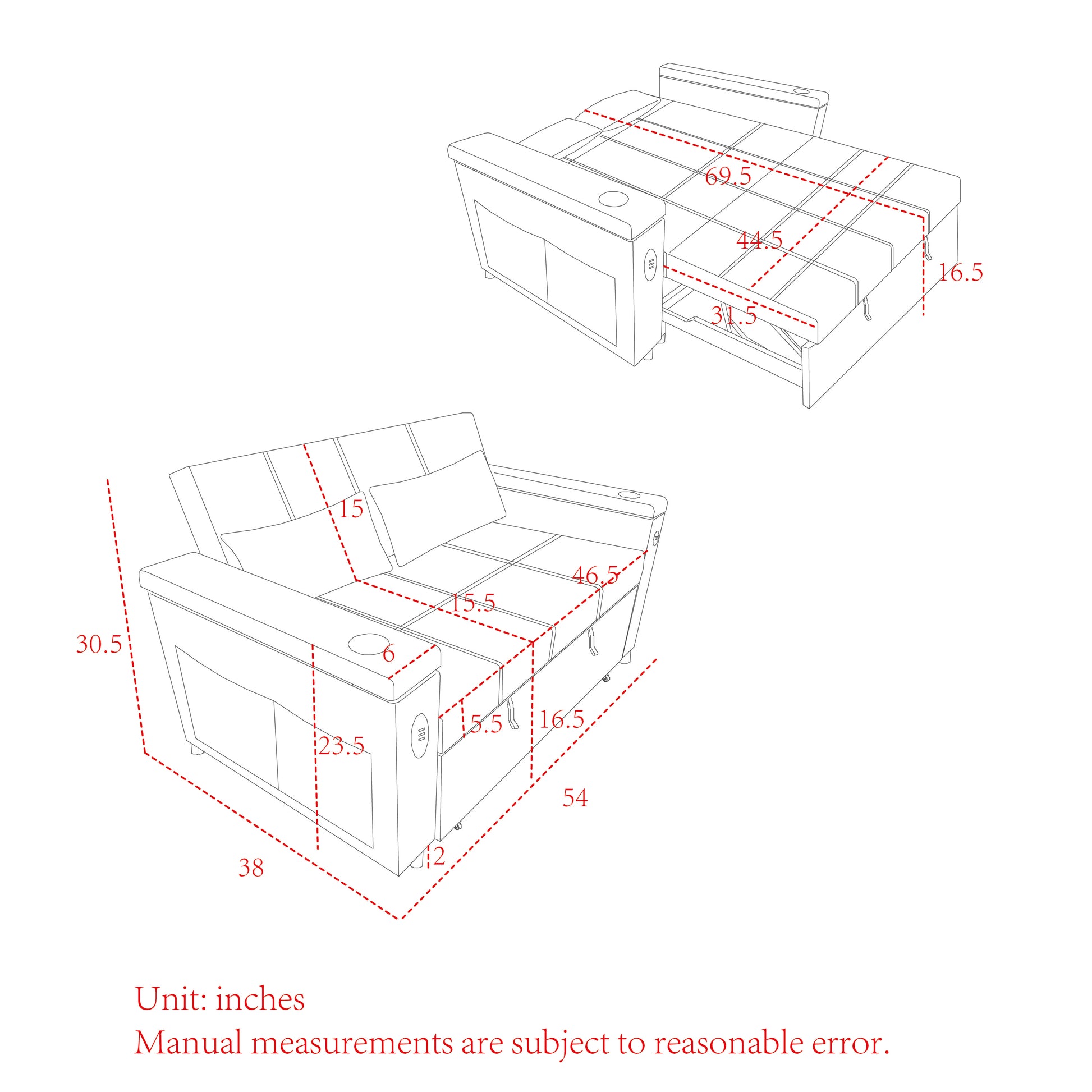 Blueprint diagram of a convertible sofa bed with dimensions marked in inches
