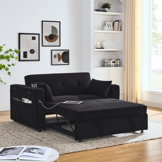 Black fabric sofa bed with pullout mattress and storage pockets ideal for small spaces