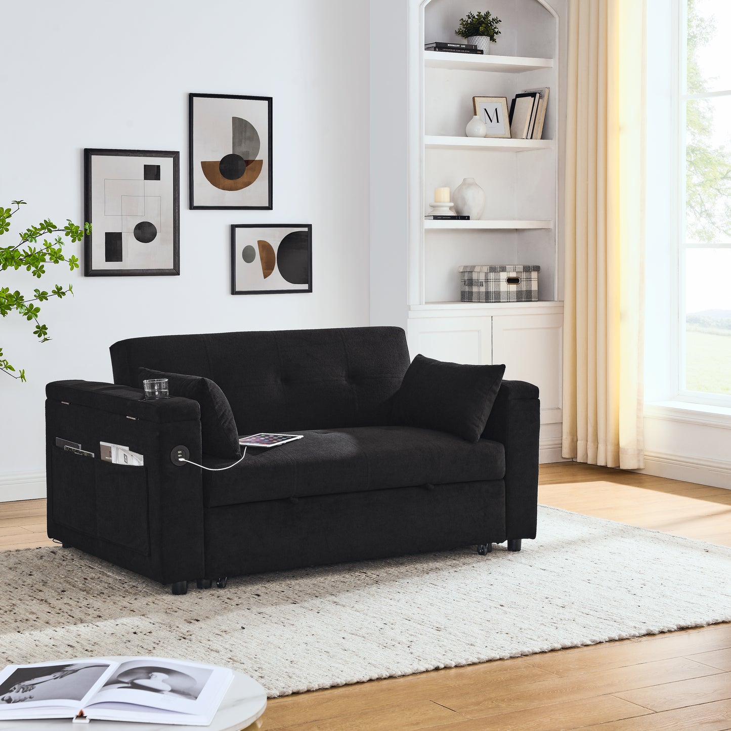 Black upholstered convertible chair with builtin USB ports and side storage pockets