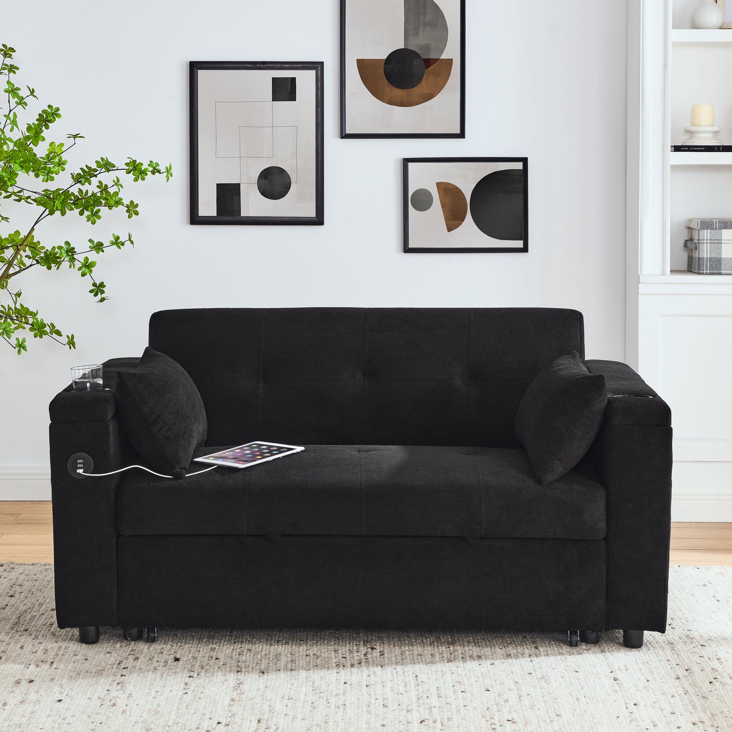 Sleek black fabric loveseat with builtin USB ports and cup holder for modern living