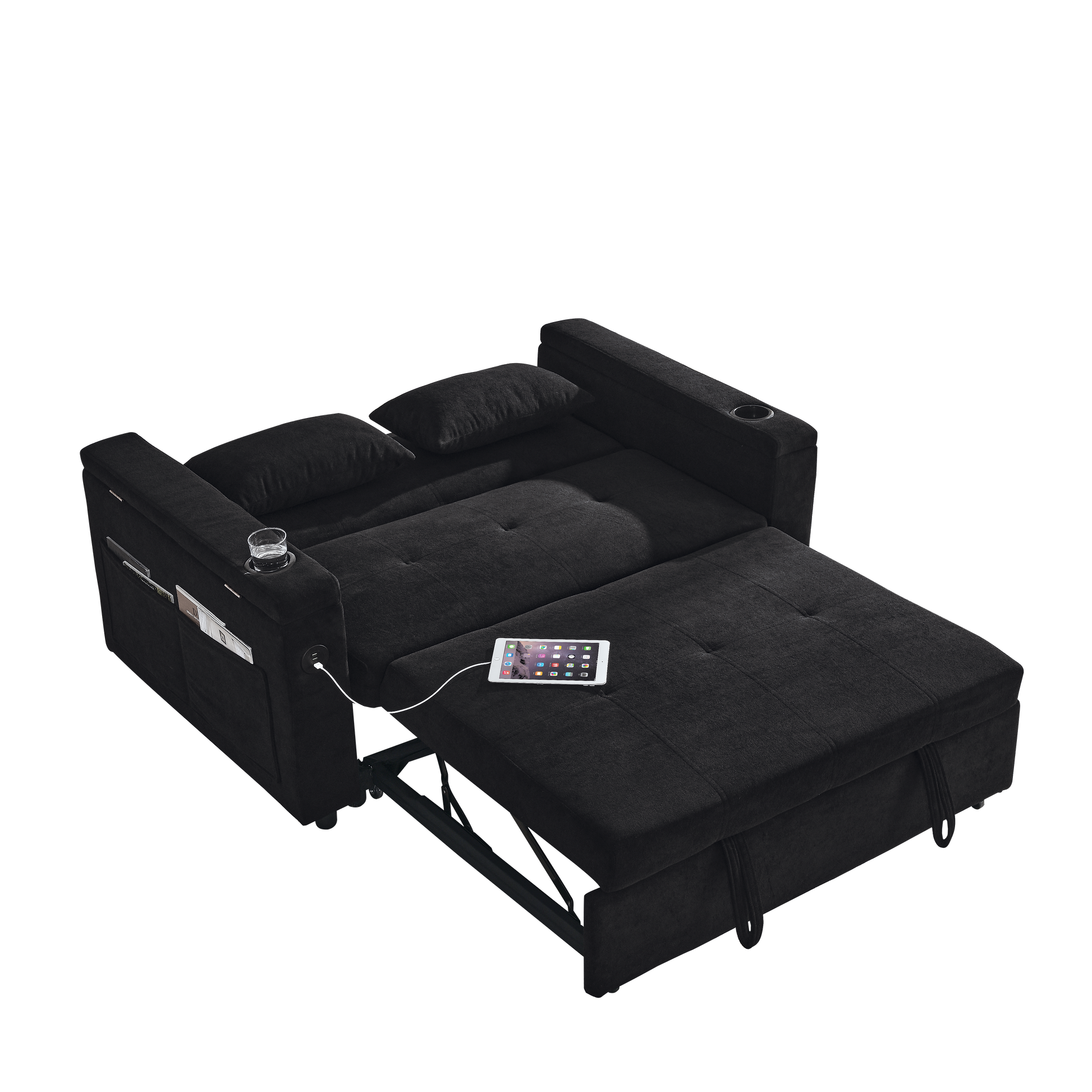 Black modern sleeper sofa with builtin USB ports and cup holder ideal for small living spaces