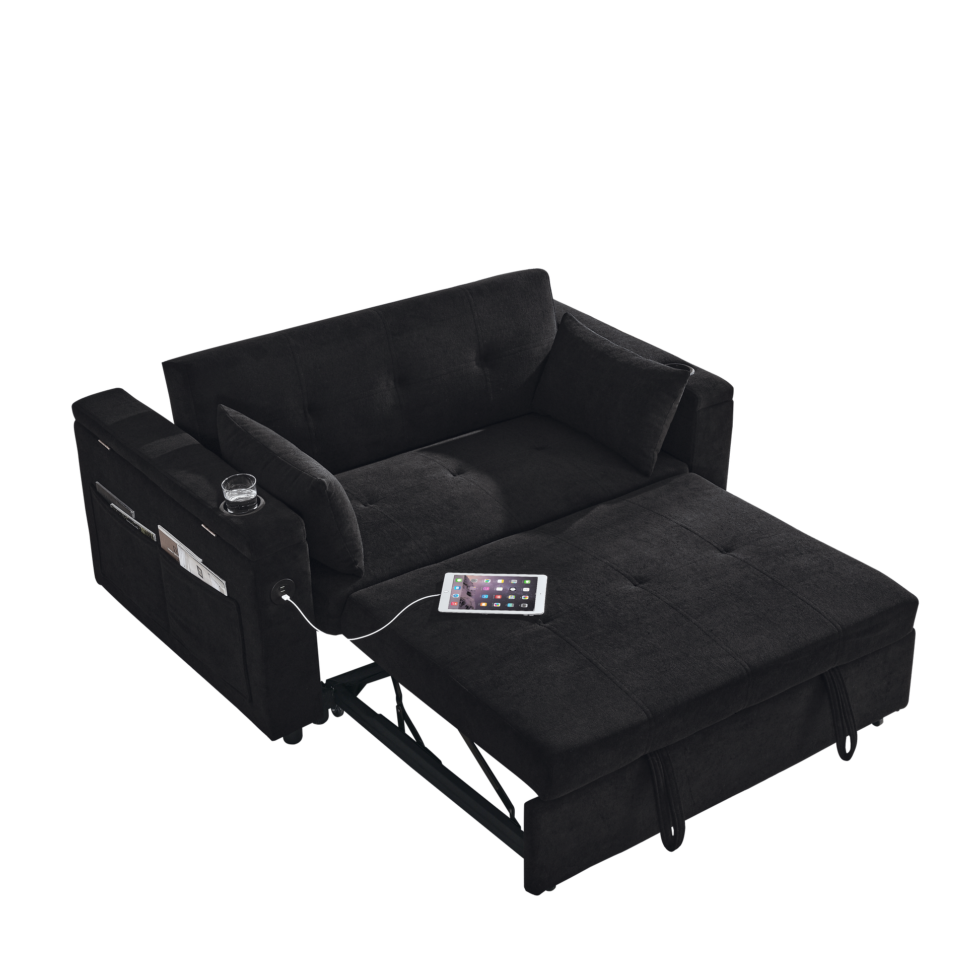 Black upholstered sleeper sofa with pullout ottoman and builtin charging port