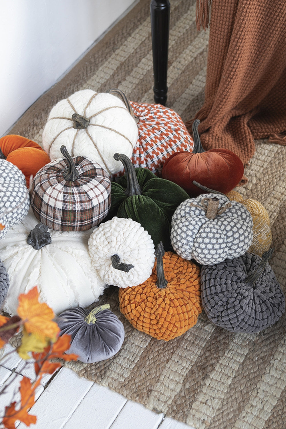 White textured pumpkin with thick rope detailing for autumn decor