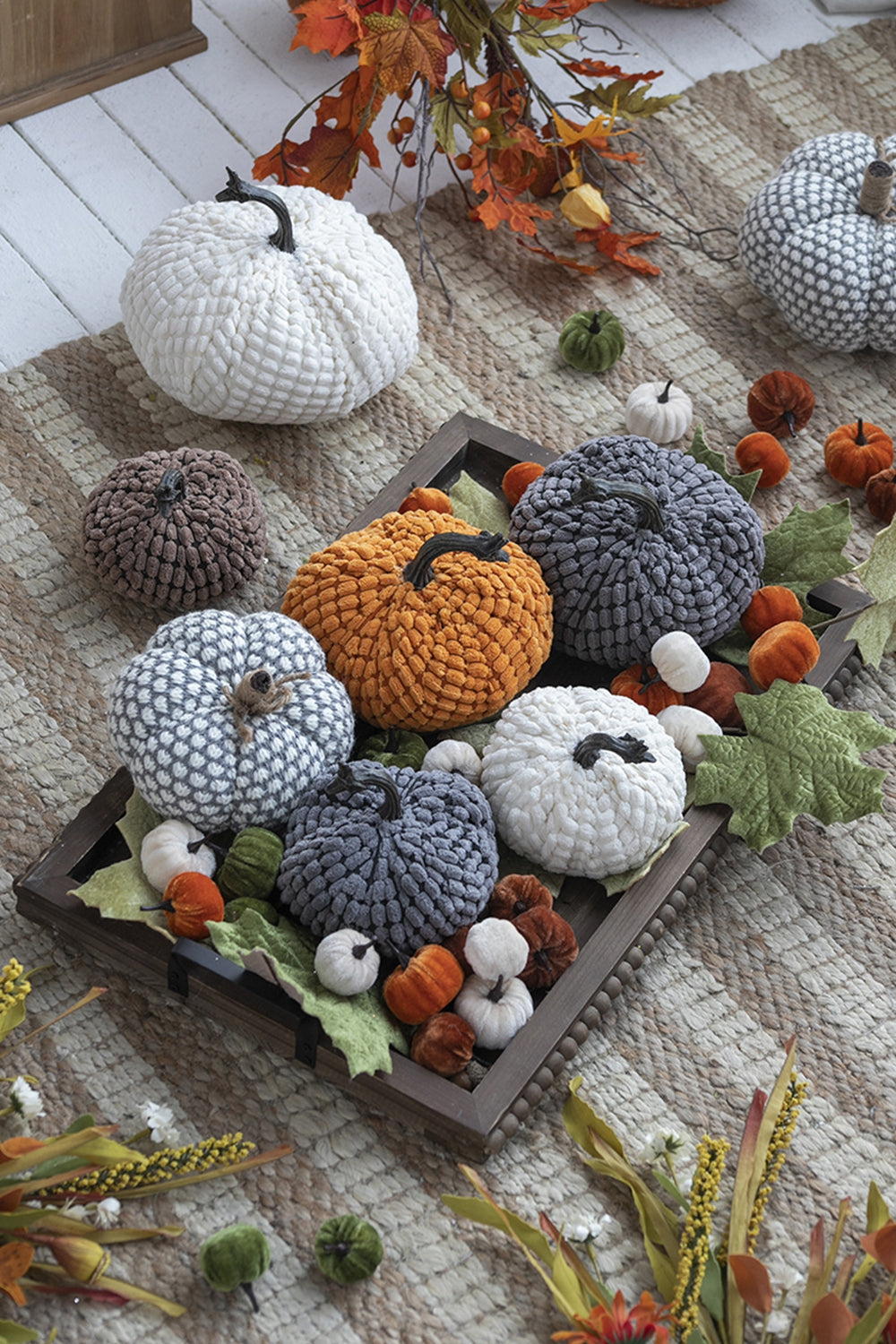 White textured knit pumpkin with dark stem a cozy fall decor accent