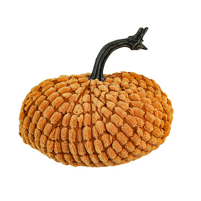 Orange chenille pumpkin with textured surface and dark stem autumnal decor