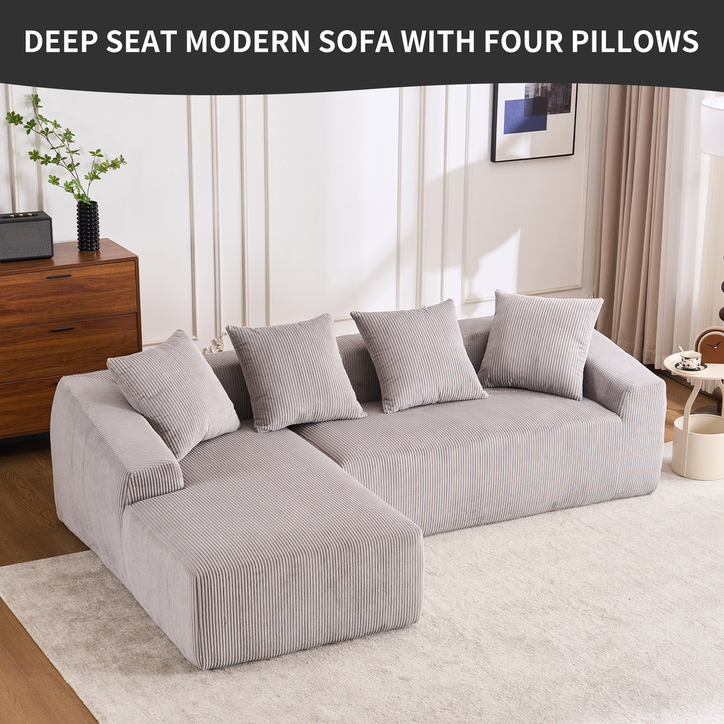 Light gray corduroy deep seat modern sofa with four throw pillows