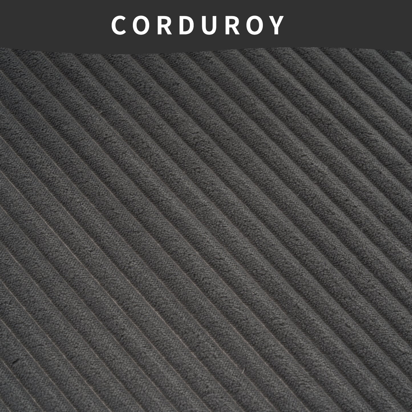 Dark grey wide wale corduroy fabric texture with diagonal ribs for upholstery