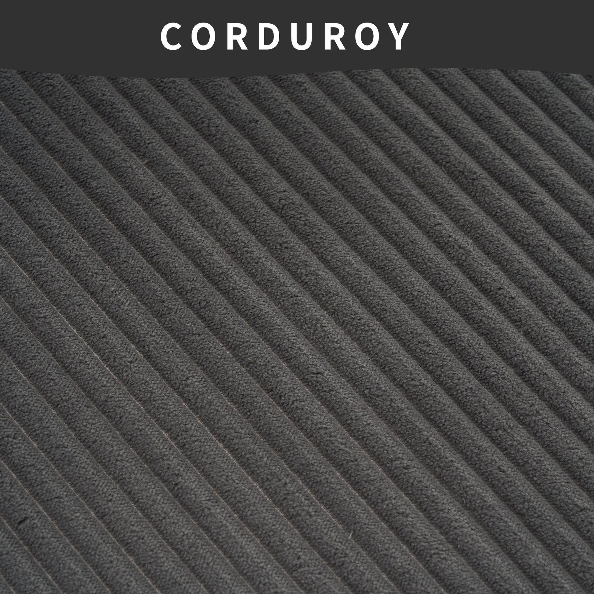 Dark grey wide wale corduroy fabric texture with diagonal ribs for upholstery