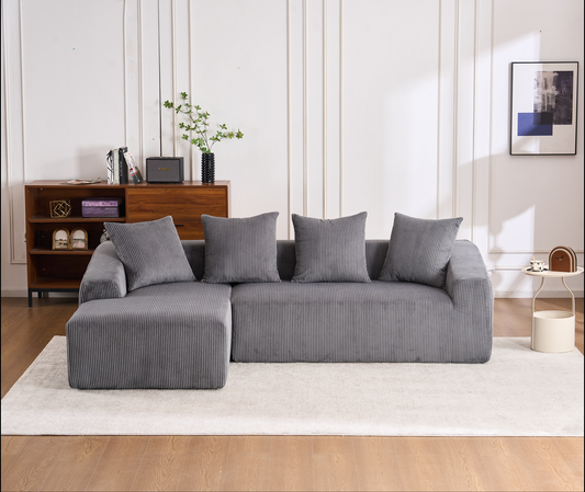Plush grey corduroy sectional sofa with plush cushions modern living room furniture