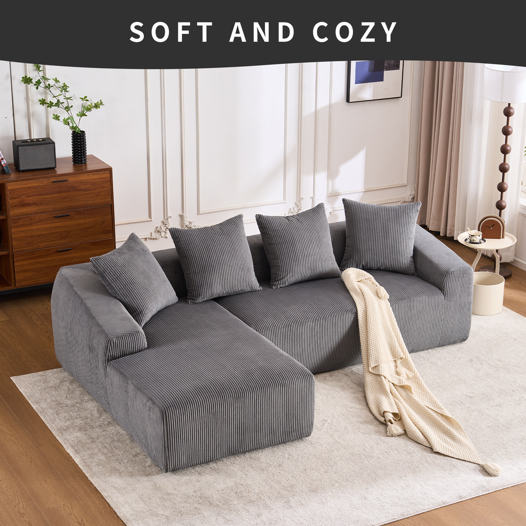 Gray corduroy sectional sofa with plush cushions perfect for a modern living room