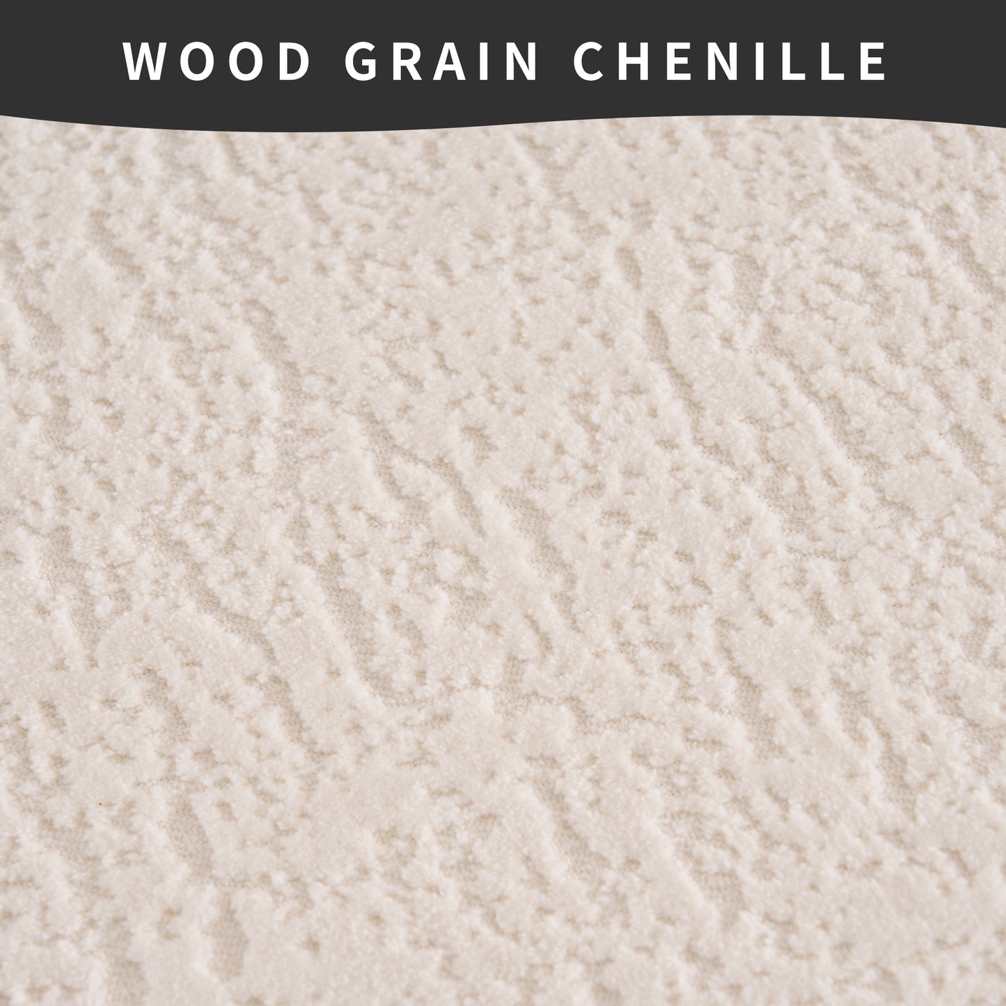 Closeup of textured offwhite chenille fabric with a subtle wood grain pattern