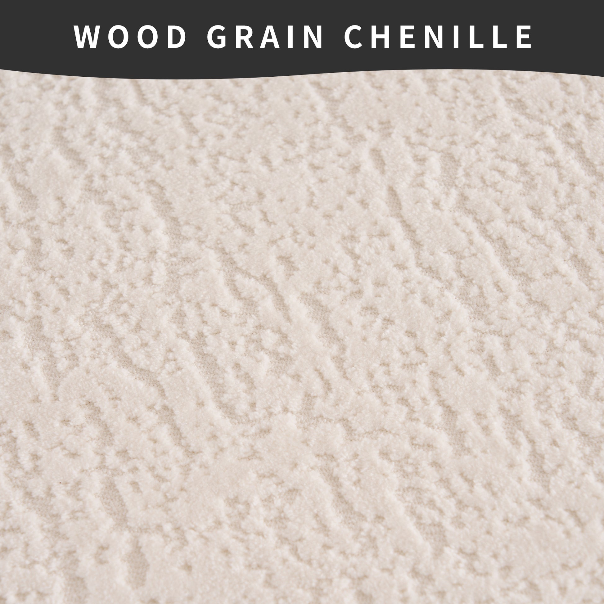 Closeup of textured offwhite chenille fabric with a subtle wood grain pattern
