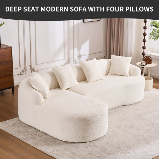Cream textured sectional sofa with four plush pillows ideal for modern living rooms
