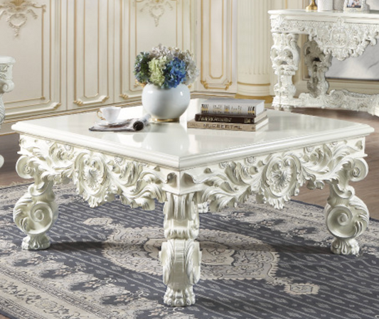 Ornate white carved wood square coffee table with floral accents
