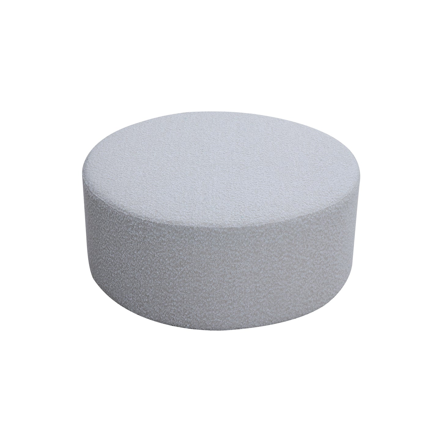 Textured round light gray ottoman with soft fabric for comfortable seating