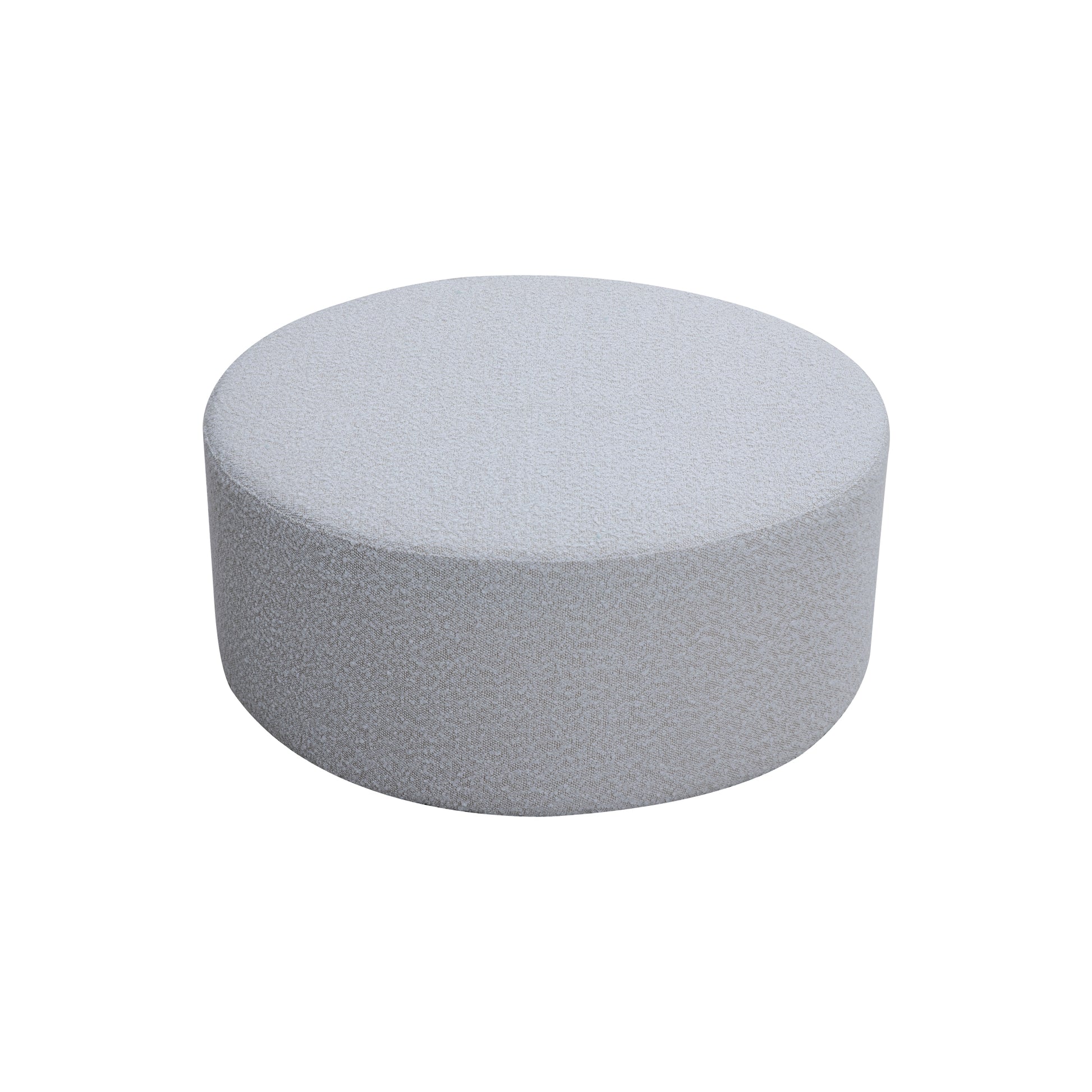 Textured round light gray ottoman with soft fabric for comfortable seating
