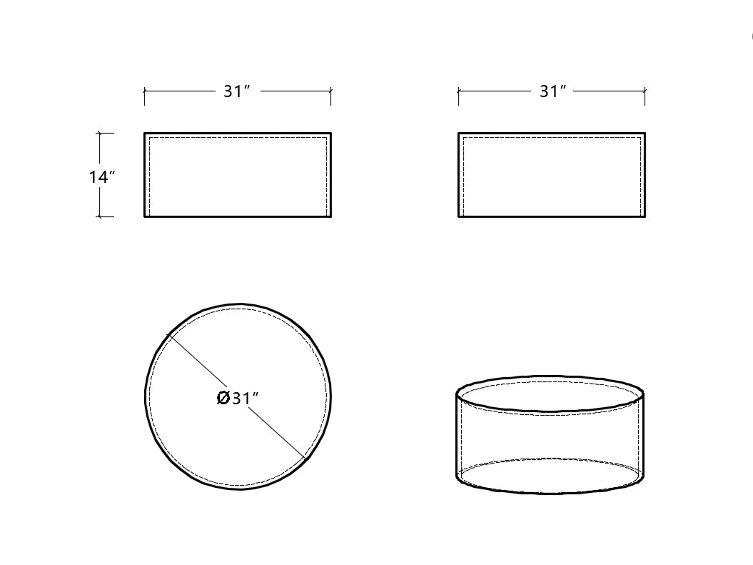 Diagram showing a round ottoman with inch diameter and inch height