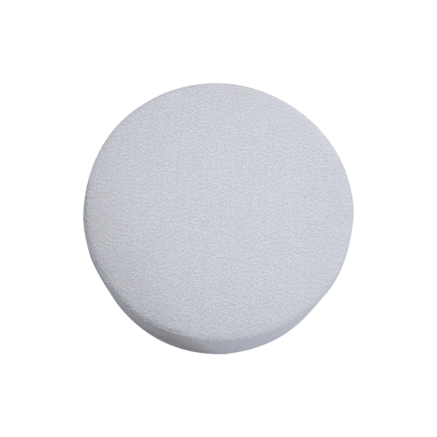 Round light gray textured fabric ottoman with clean lines