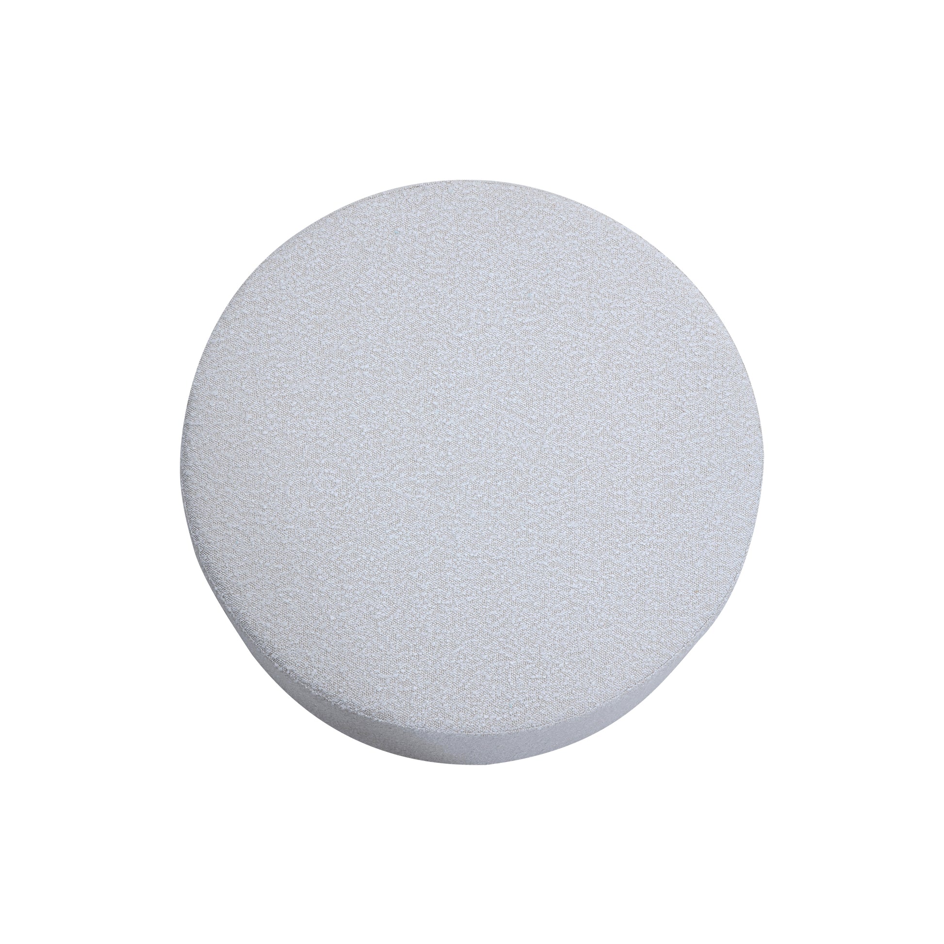 Round light gray textured fabric ottoman with clean lines