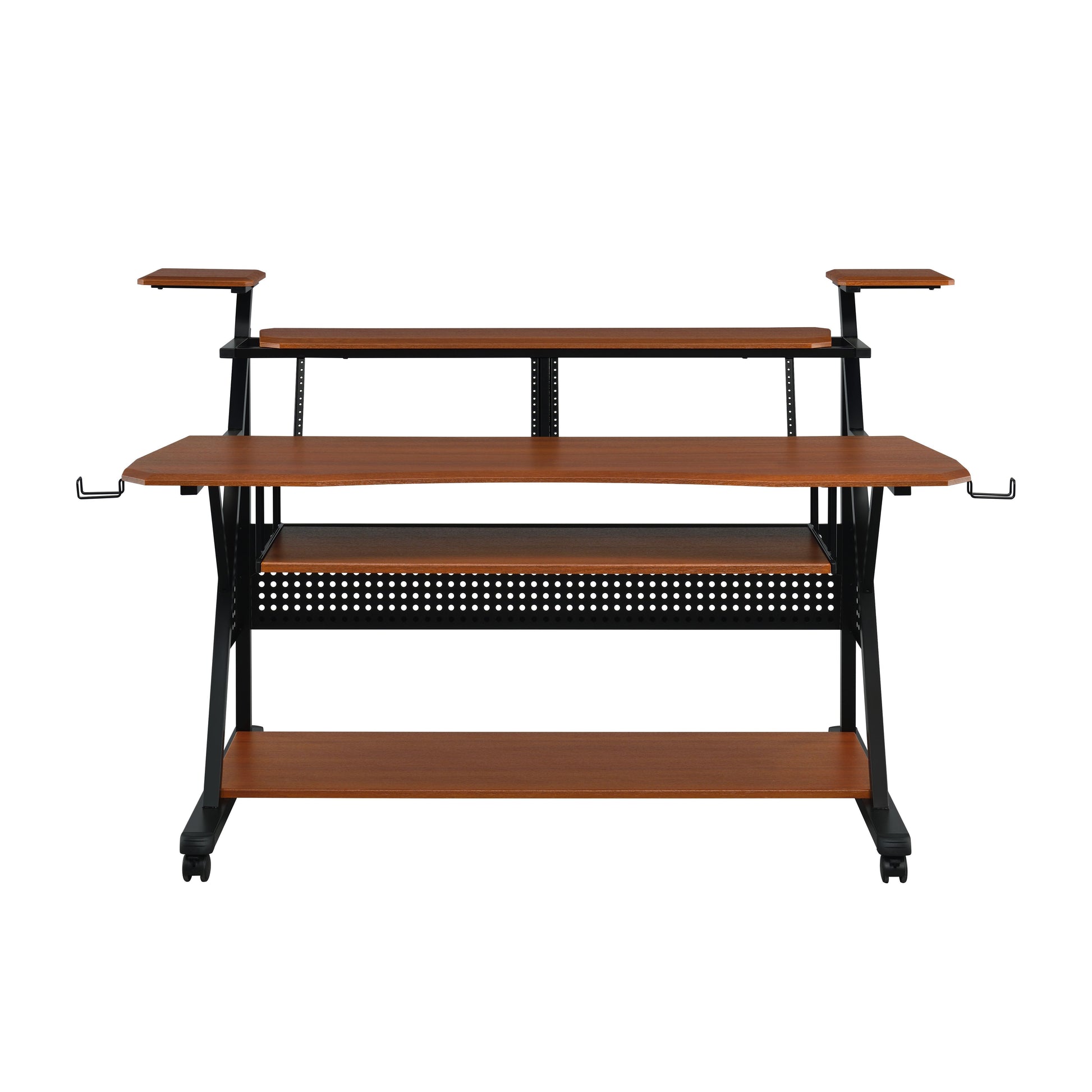 Brown wood computer desk with black metal frame and multiple shelves
