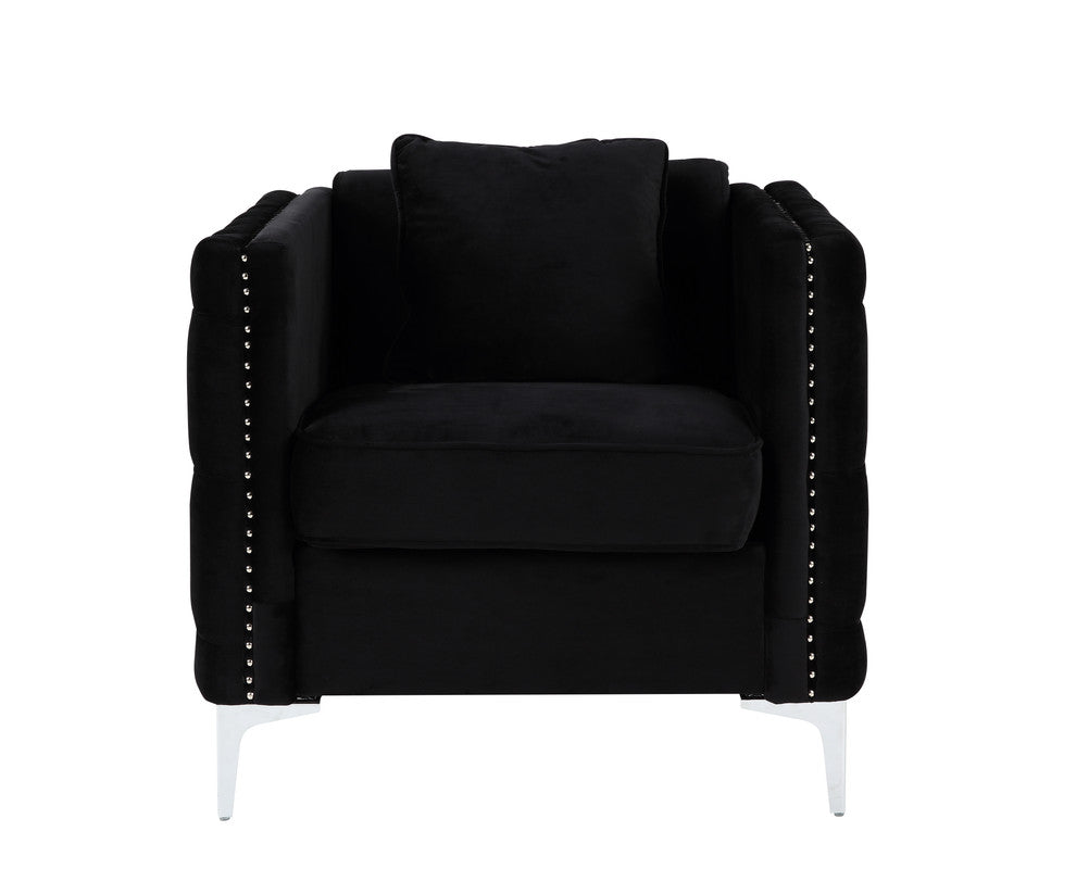 Black velvet accent chair with silver nailhead trim and modern chrome legs