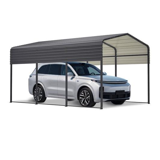 Dark grey metal carport with beige interior sheltering a silver SUV