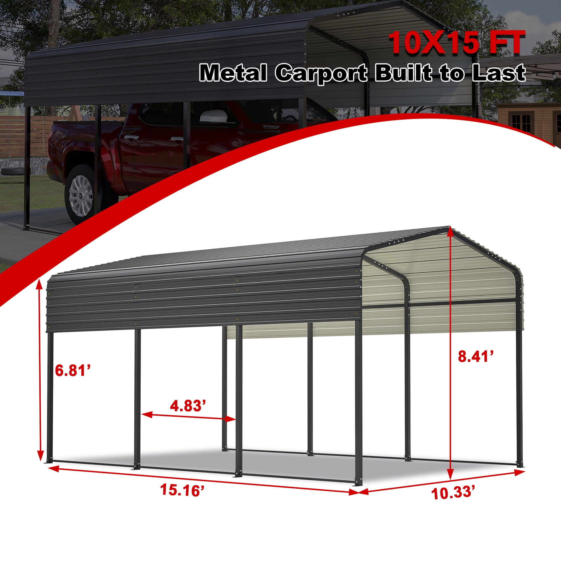 Dark gray x ft metal carport with arched roof and steel frame